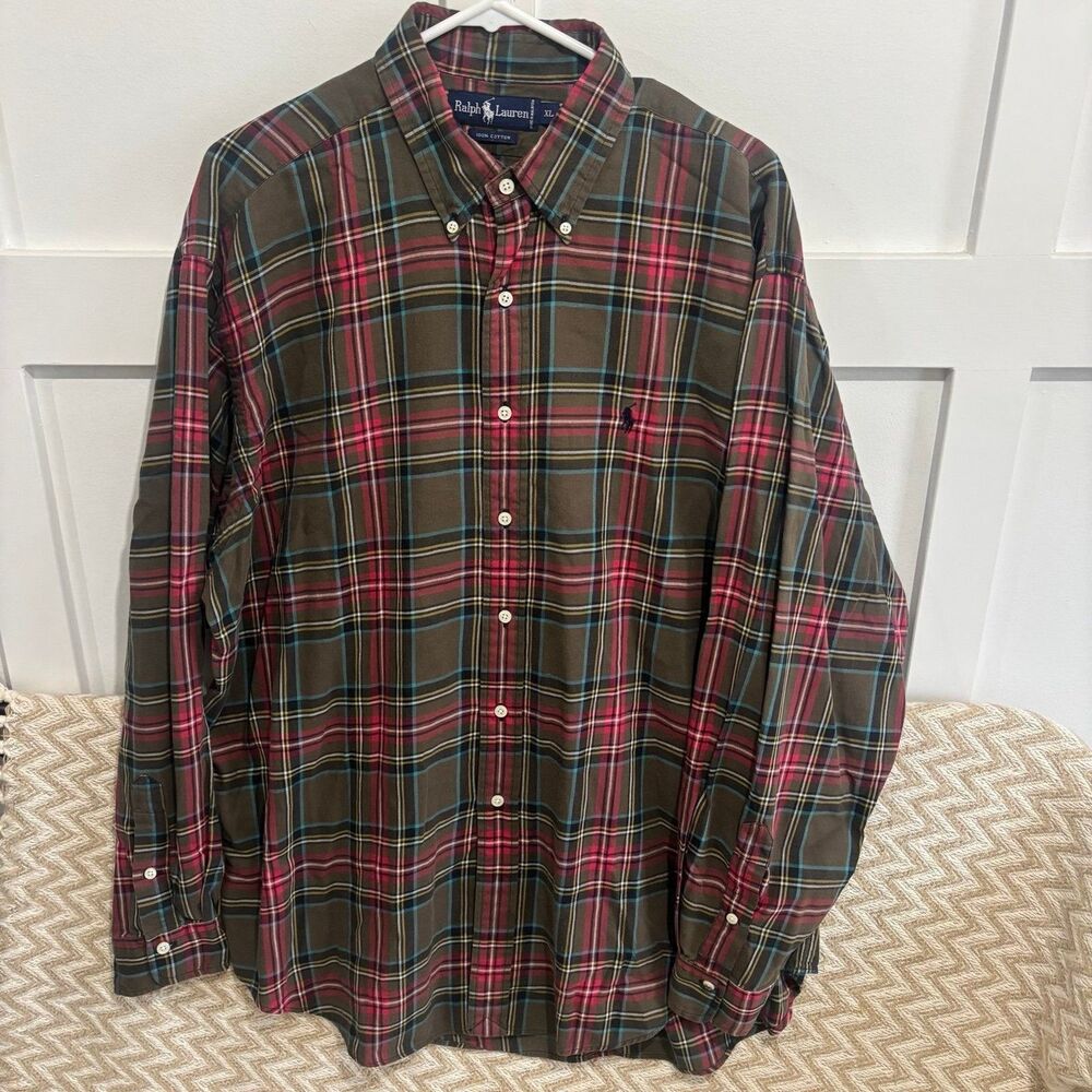 Ralph Lauren Men’s Plaid Long Sleeve Button Down Shirt Green Red Size XL